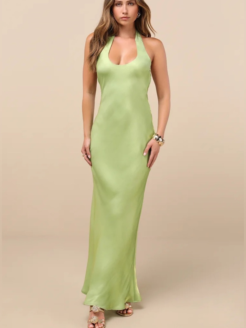 Lulu's Lashay Light Green Satin Halter Mermaid Maxi Dress